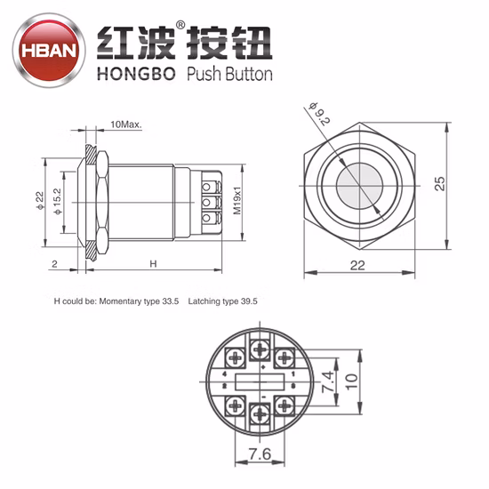 Le point imperméable du commutateur 19mm de LED de vis en métal a illuminé le verrouillage de bouton poussoir